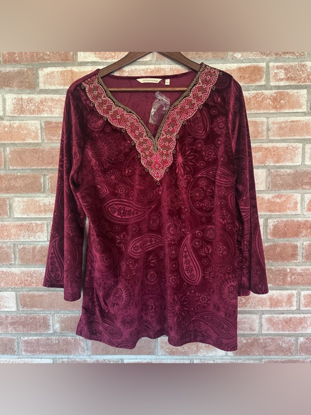 Soft Surroundings NEW Velvet Paisley Beaded Tunic Women’s Large Red Whimsigoth